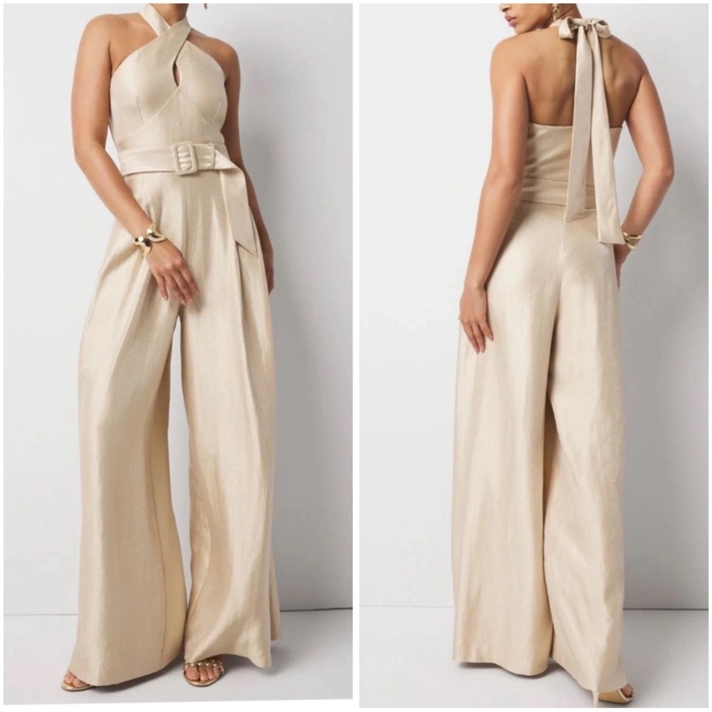 NWOT  WHBM $220 Belted Elegant Cream Halter jumpsuit size 6